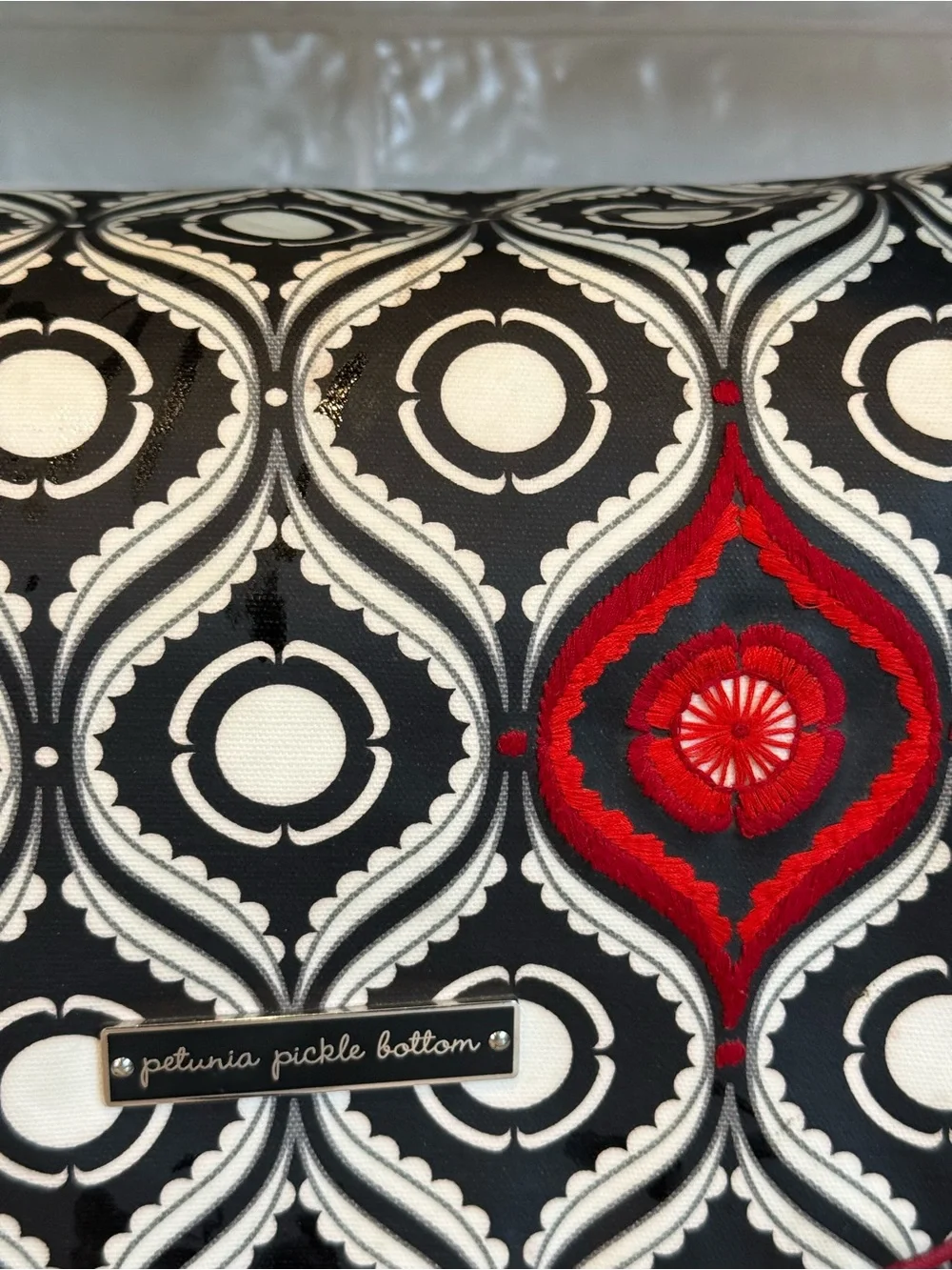 Petunia Pickle Bottom Black & White Geometric Baby Bag with Red Accent
